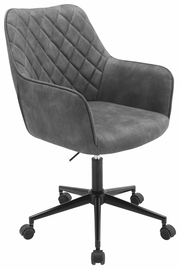 Grauer Drehstuhl mit gepolsterter Sitzfläche und Rückenlehne, seitliche Perspektive