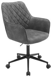 Grauer Drehstuhl mit gepolsterter Sitzfläche und Rückenlehne, seitliche Perspektive