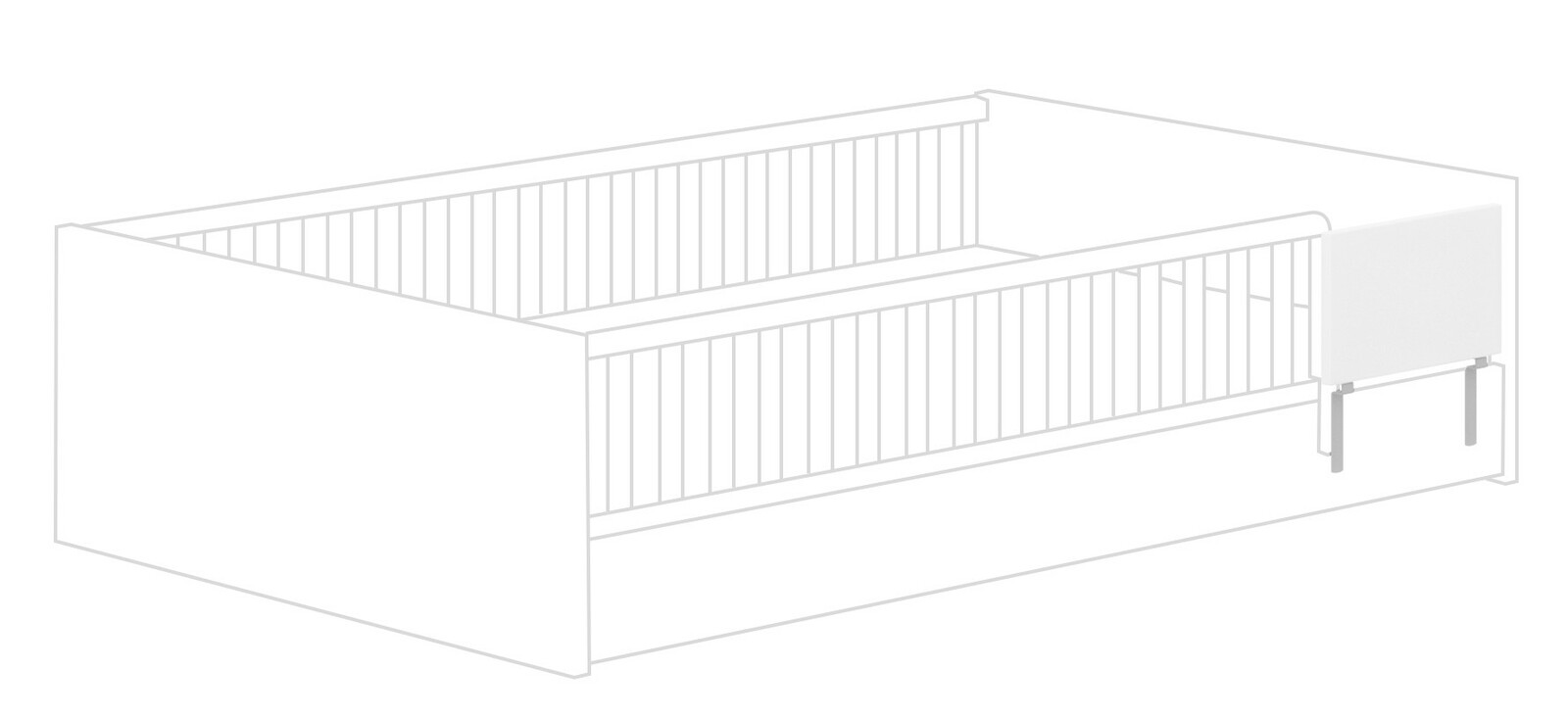Illustration eines weißen Rausfallschutzes für ein Kinderbett, seitliche Perspektive.
