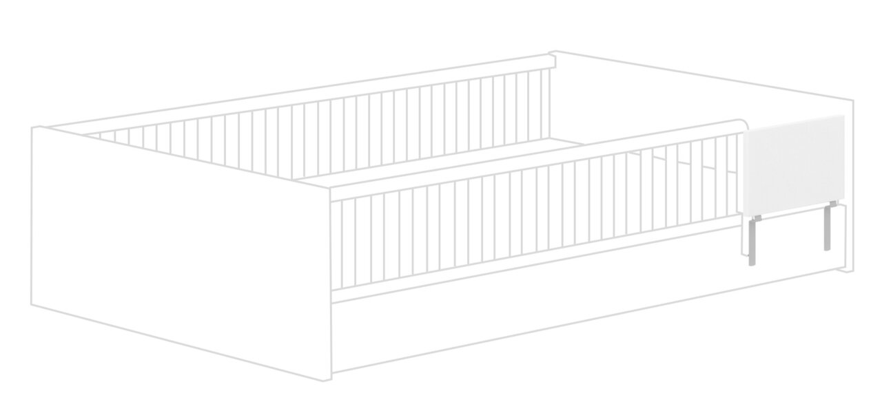Illustration eines weißen Rausfallschutzes für ein Kinderbett, seitliche Perspektive.
