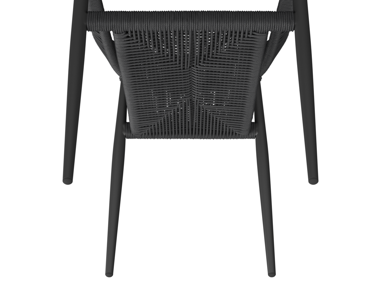 Ansicht von oben auf einen schwarzen Stapelsessel mit geflochtener Sitzfläche.