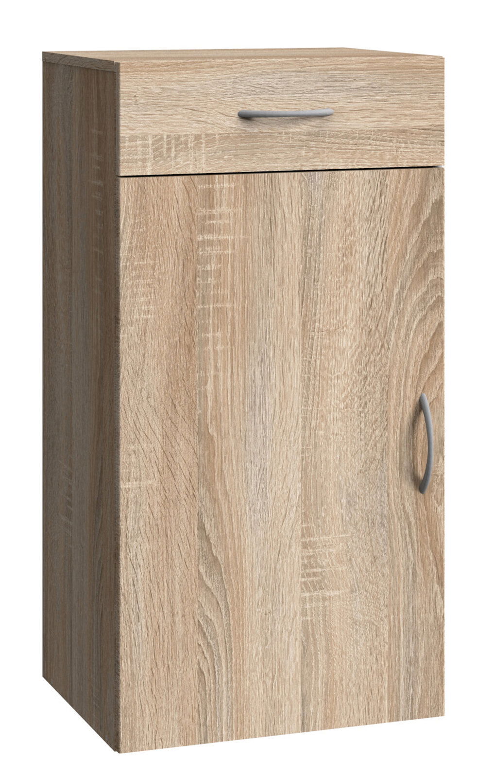 Holzfarbene Kommode mit einer Schublade und einer Tür, Frontansicht