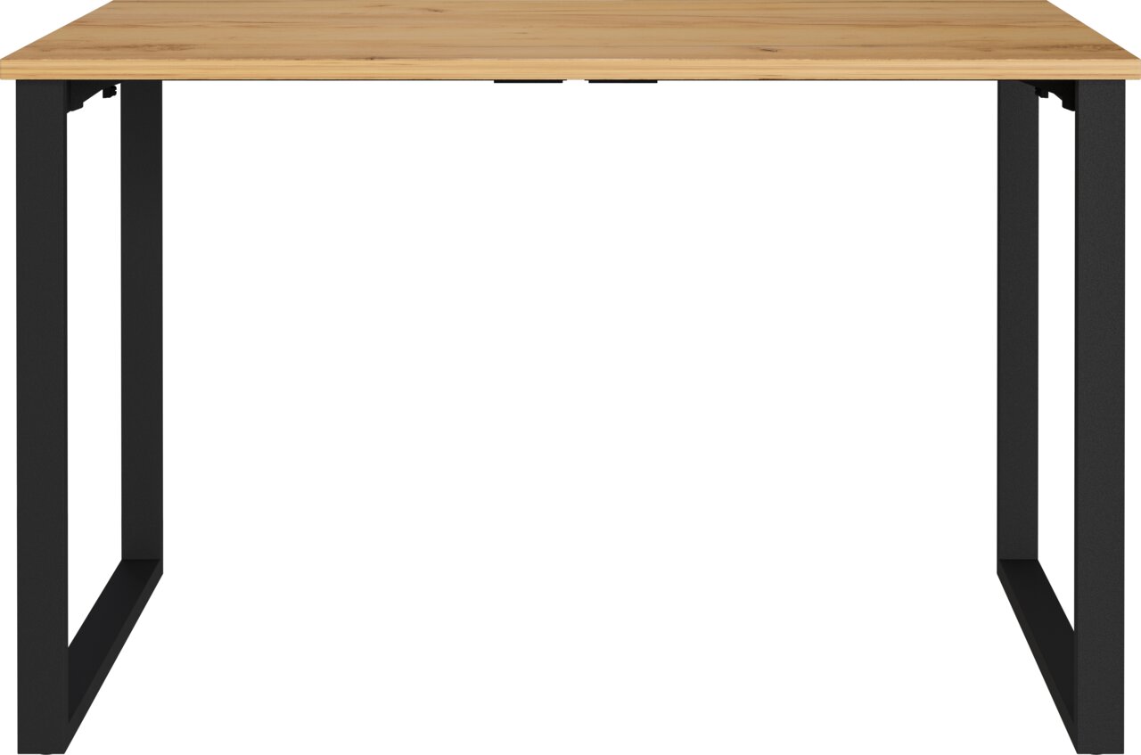 Moderner Tisch mit heller Holzplatte und schwarzen Metallbeinen, frontale Ansicht leicht von oben