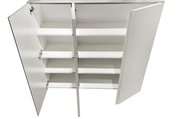 Weißer XL-Hängeschuhschrank mit drei offenen Türen und mehreren Regalböden, Ansicht von oben.
