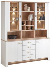 Modernes Sideboard in Weiß und Holzoptik mit Glastüren, Regalen und Schubladen, frontal betrachtet.