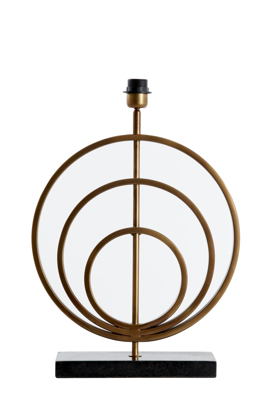 Moderne metalen lampvoet met cirkelvormig ontwerp, afgebeeld van voren.