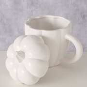 Weißer Jumbobecher in Kürbisform mit abnehmbarem Deckel, seitliche Perspektive