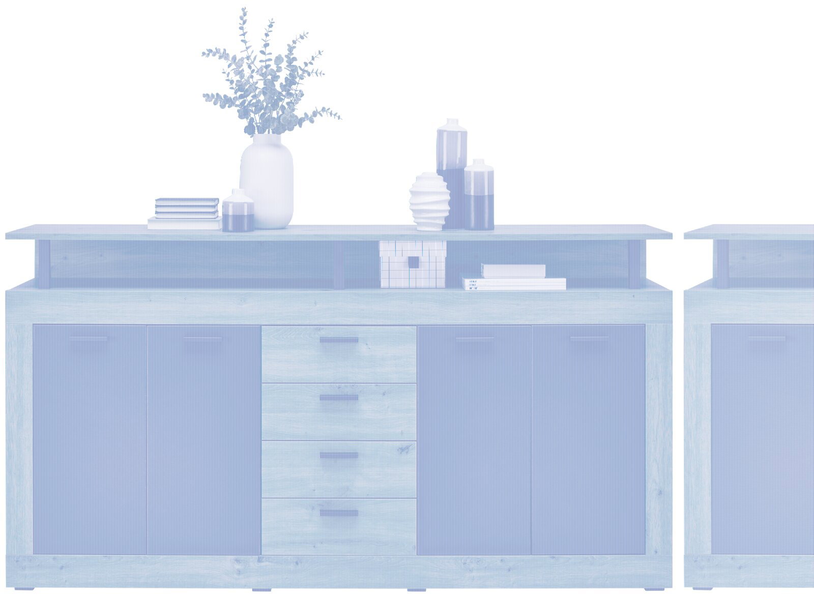 Frontale Ansicht eines modernen XL-Sideboards mit Holz- und dunklen Elementen, dekoriert mit Vasen und Büchern.