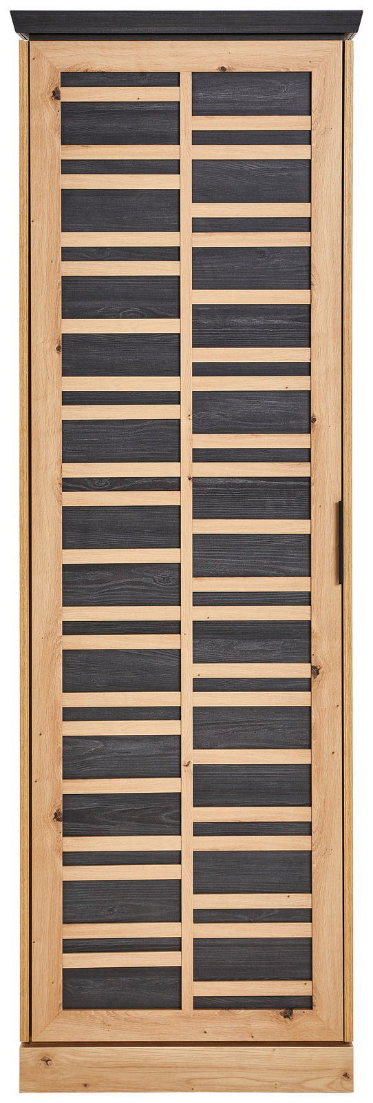 Frontansicht eines Garderobenschranks mit Holzrahmen und dunklen Lamellen.