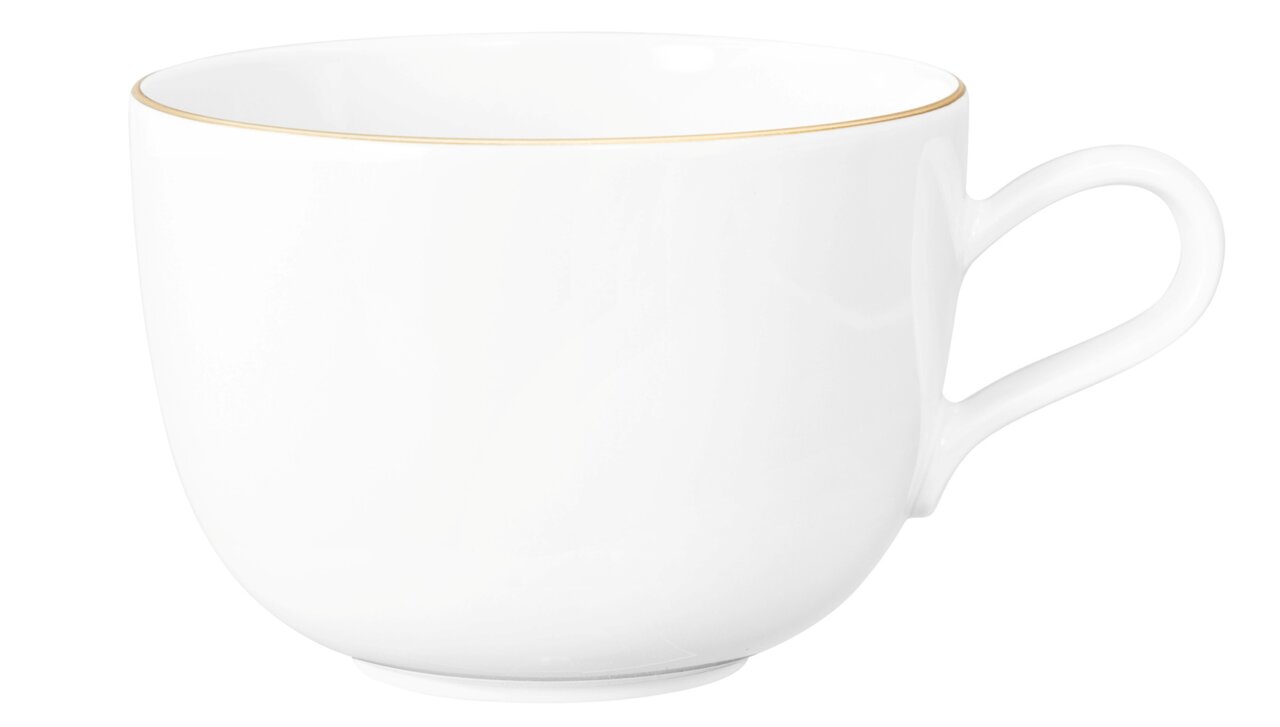 Weiße Milchkaffeetasse Liberty 0,38l mit goldener Umrandung, seitliche Perspektive