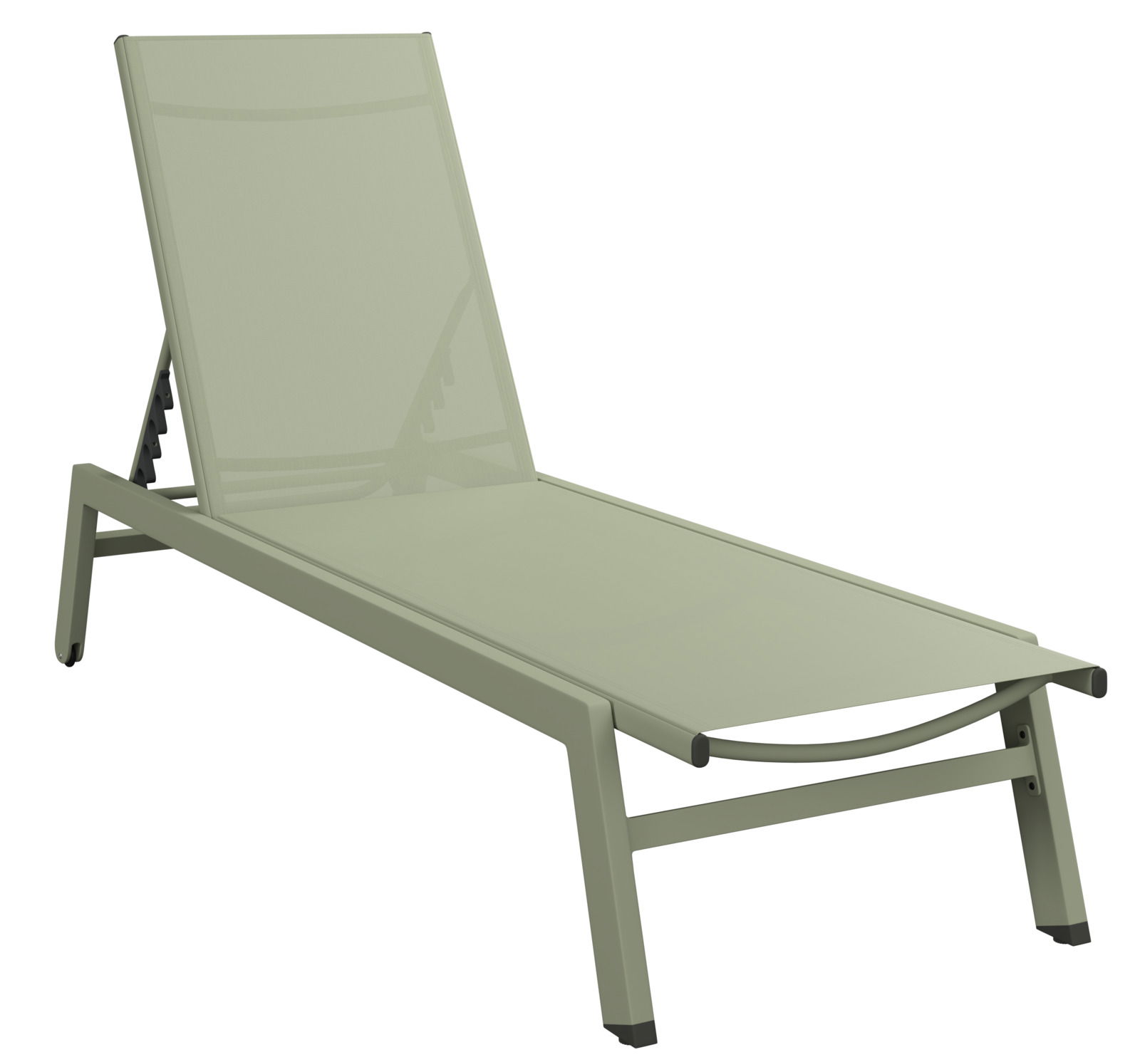 Sonnenliege in seitlicher Perspektive mit verstellbarer Rückenlehne und modernem Design