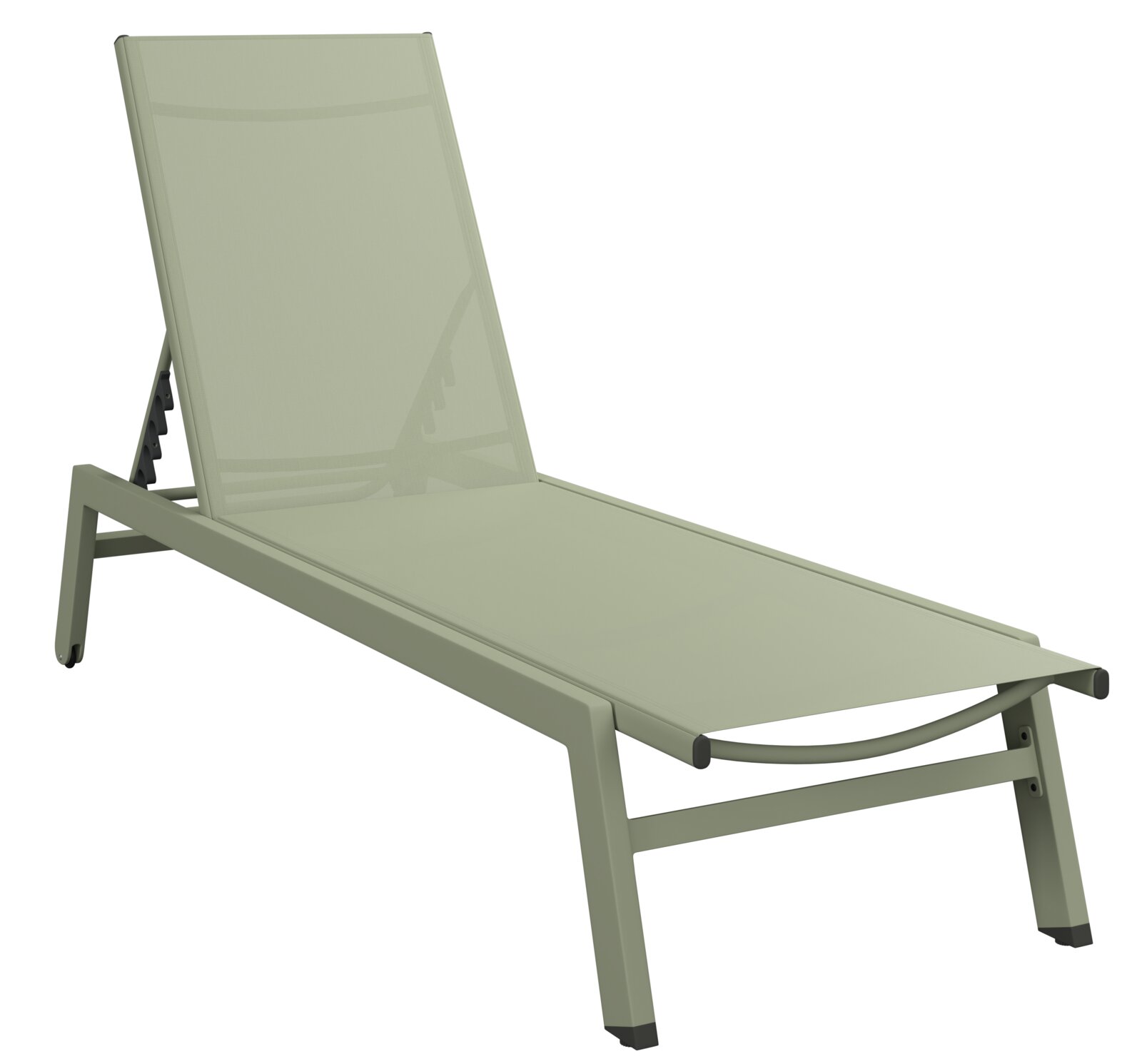 Sonnenliege in seitlicher Perspektive mit verstellbarer Rückenlehne und modernem Design