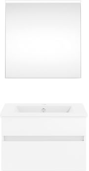 Frontansicht einer modernen Badkombination aus der Serie NEXT4YOU von Puris mit einem rechteckigen Spiegel und einem weißen Waschtisch mit Schubladen.