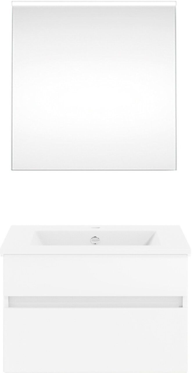Puris Badkombination GET2YOU 21 Frontansicht einer modernen Badkombination aus der Serie NEXT4YOU von Puris mit einem rechteckigen Spiegel und einem weißen Waschtisch mit Schubladen.