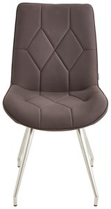 Moderner brauner Stuhl mit geometrischem Muster auf der Sitzfläche, aus der Frontalperspektive fotografiert.