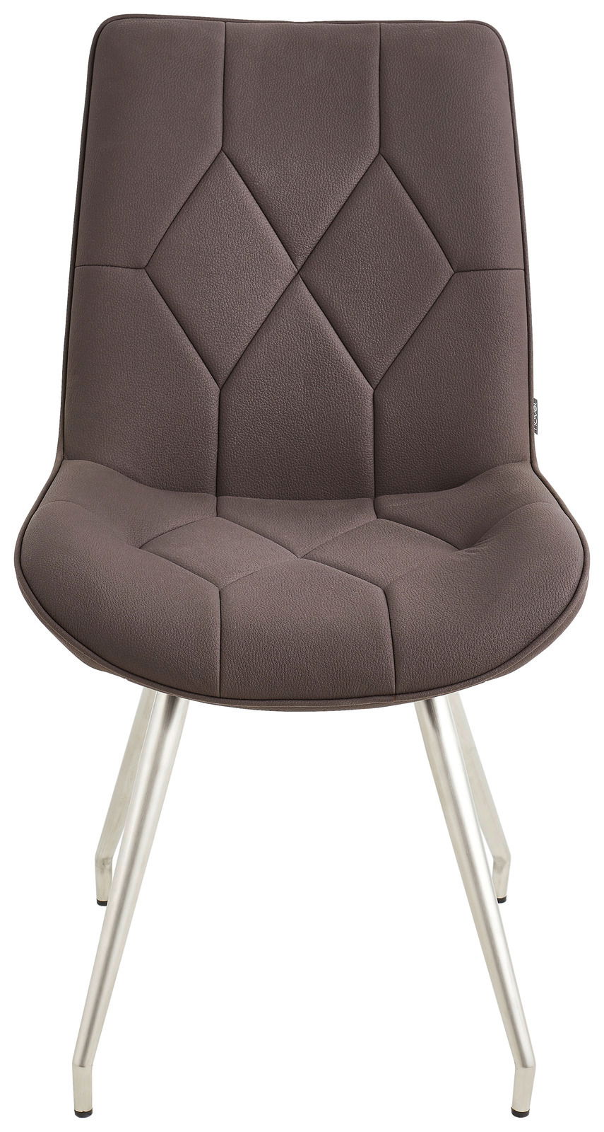 Moderner brauner Stuhl mit geometrischem Muster auf der Sitzfläche, aus der Frontalperspektive fotografiert.