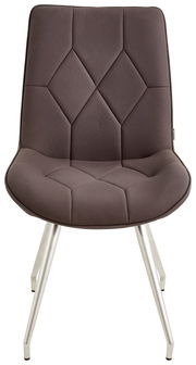 Moderner brauner Stuhl mit geometrischem Muster auf der Sitzfläche, aus der Frontalperspektive fotografiert.