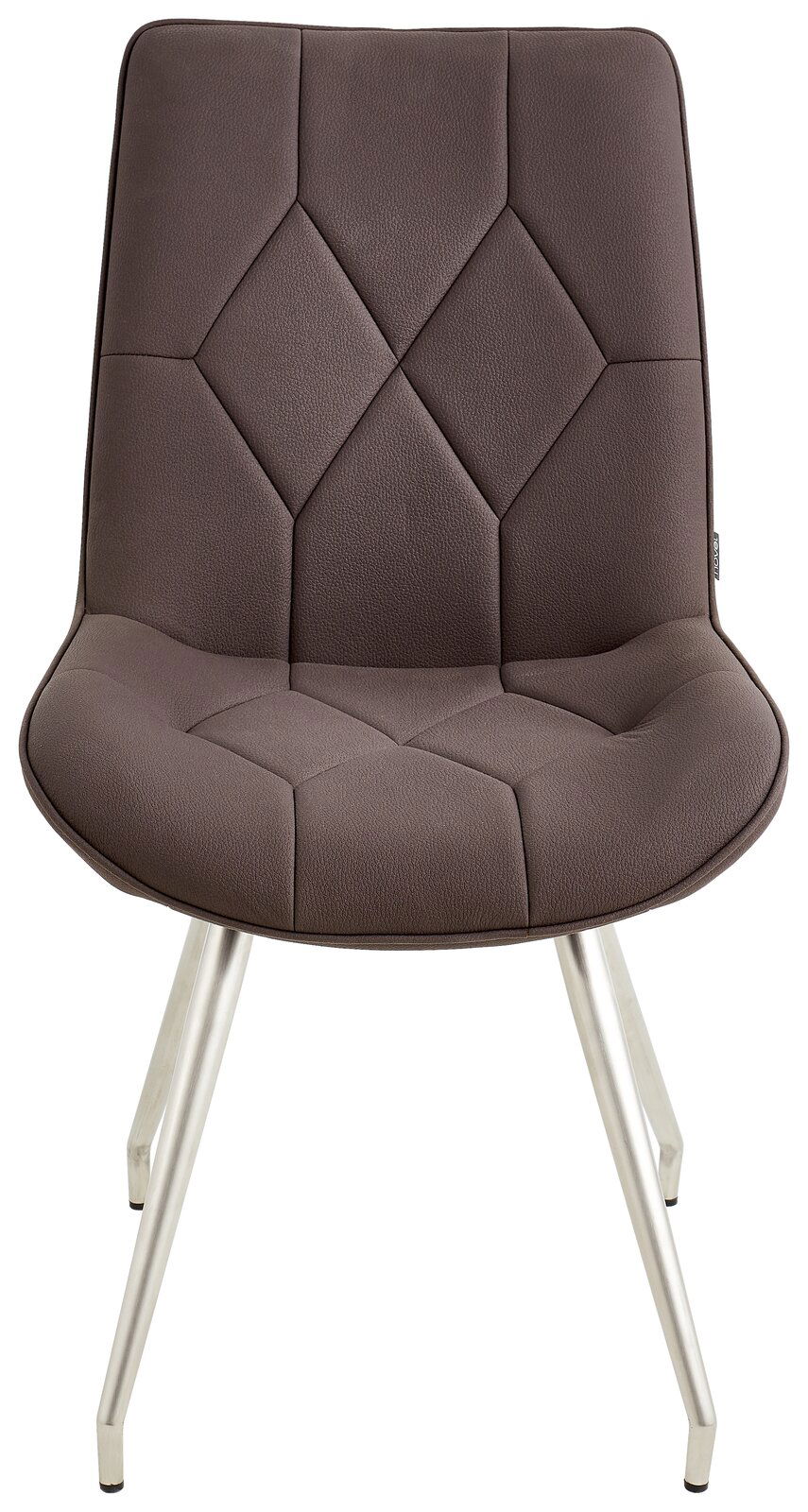 Moderner brauner Stuhl mit geometrischem Muster auf der Sitzfläche, aus der Frontalperspektive fotografiert.