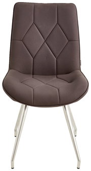 Moderner brauner Stuhl mit geometrischem Muster auf der Sitzfläche, aus der Frontalperspektive fotografiert.