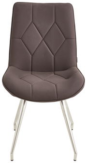 Moderner brauner Stuhl mit geometrischem Muster auf der Sitzfläche, aus der Frontalperspektive fotografiert.