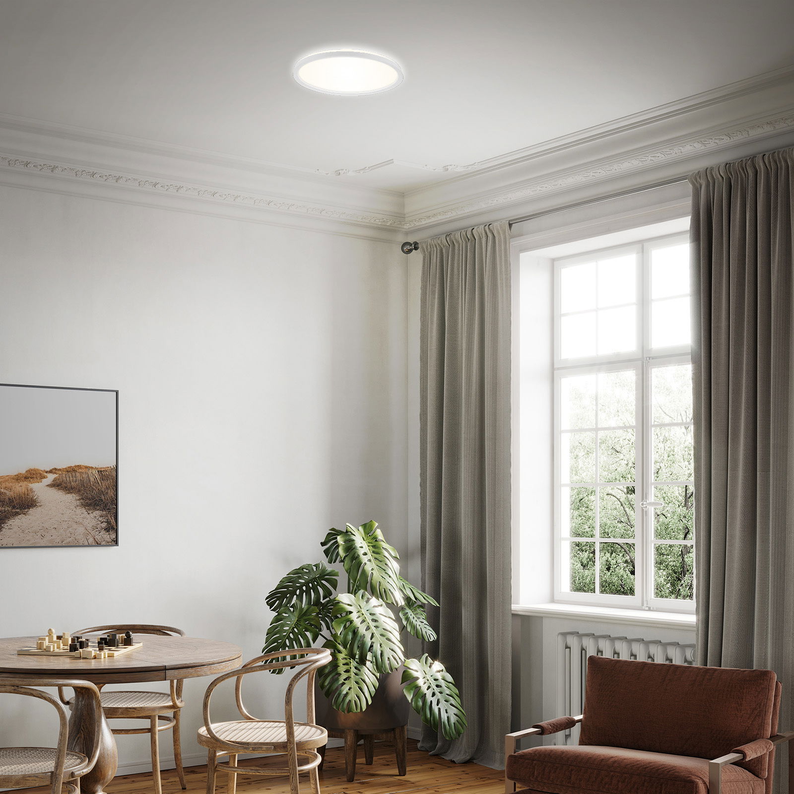 Briloner LED-plafondlamp SLIM Moderne LED-Deckenleuchte in einem stilvollen Wohnzimmer, von unten betrachtet.