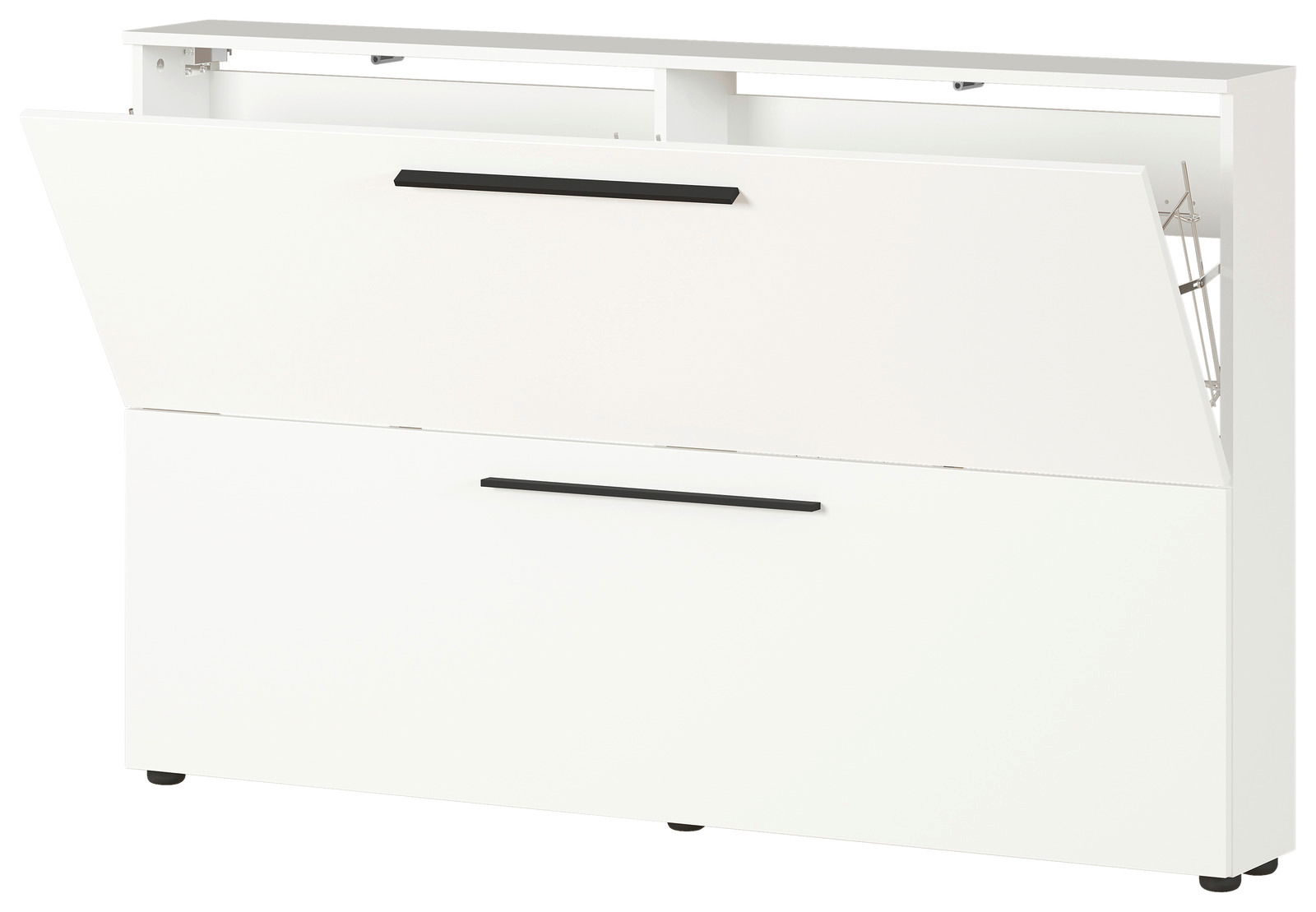 Weißer Schuhschrank mit zwei Klappen und schwarzen Griffen, seitliche Perspektive
