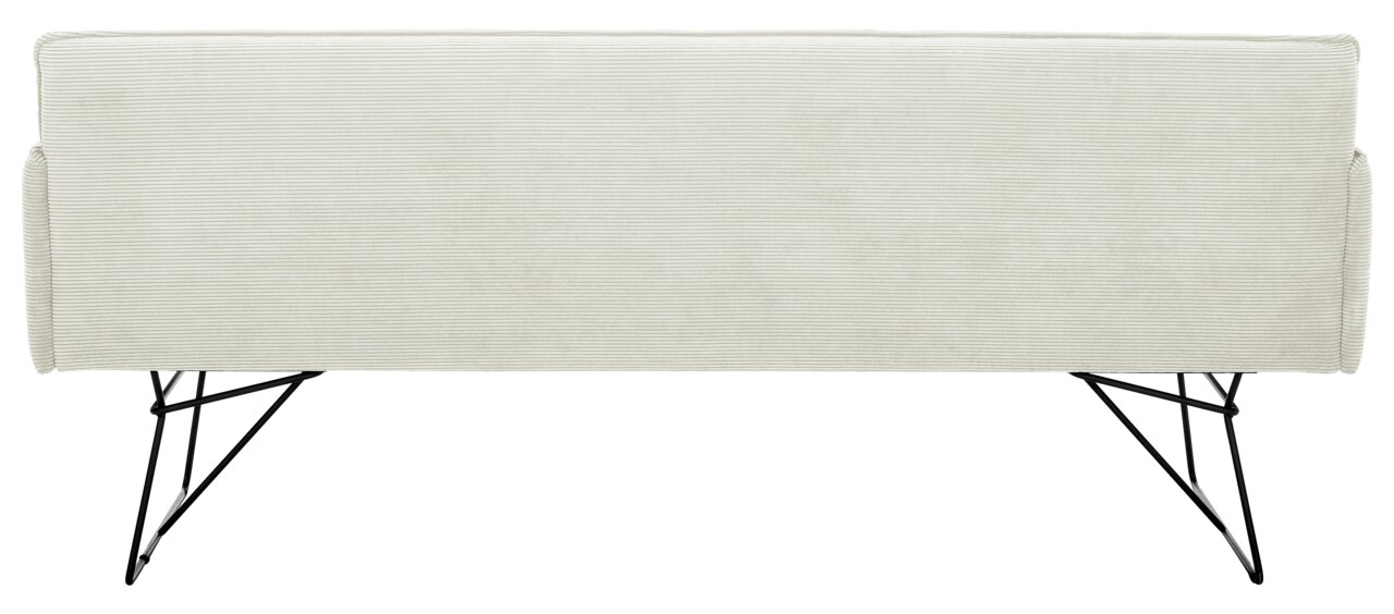 Rückansicht einer Solobank 3-Sitzer mit hellgrauem Stoffbezug und schwarzen Metallbeinen.
