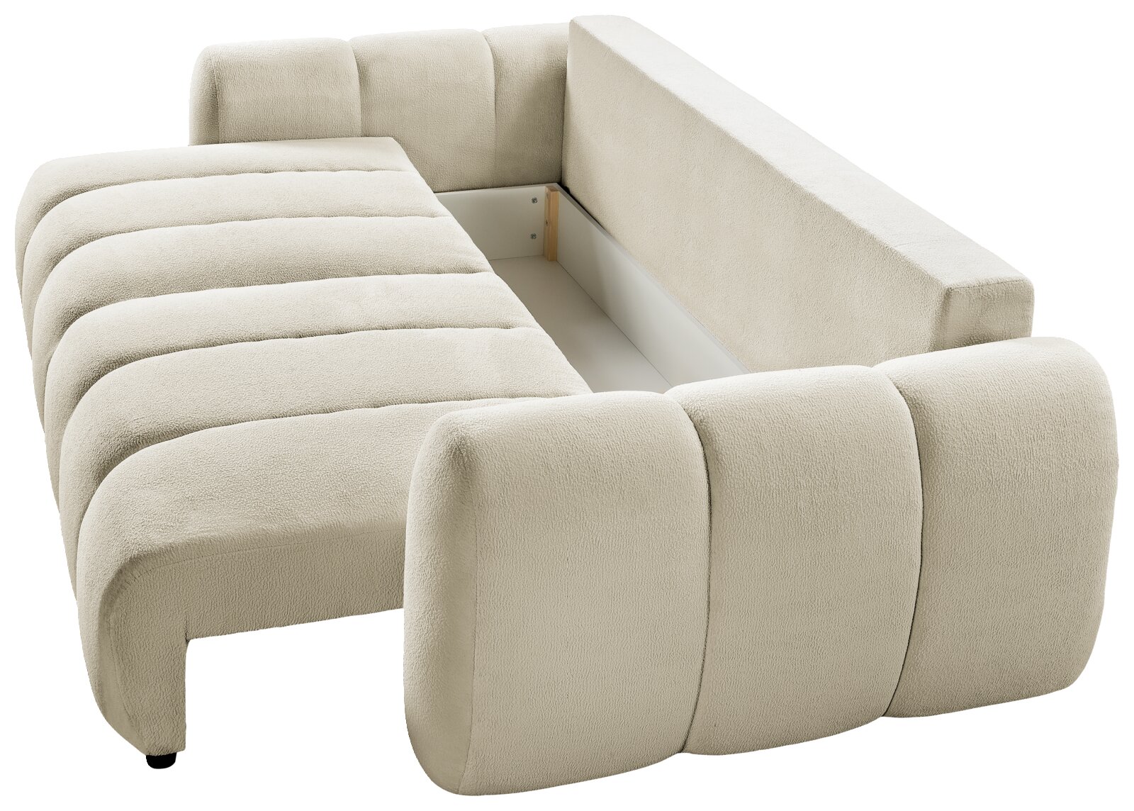 Beiges Polsterbett/Sofa mit weichem Bouclé-Bezug, gepolsterter Rückenlehne und Armlehnen, mit sichtbarem Innenrahmen/Stauraum, in schräger Ansicht von vorne rechts.