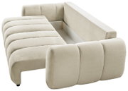 Beiges Polsterbett/Sofa mit weichem Bouclé-Bezug, gepolsterter Rückenlehne und Armlehnen, mit sichtbarem Innenrahmen/Stauraum, in schräger Ansicht von vorne rechts.