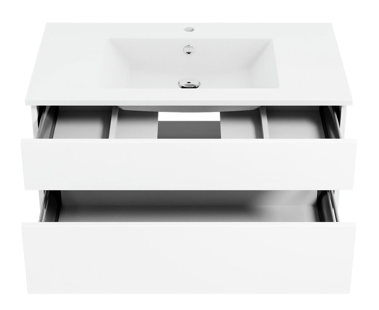 Weiße Badkombination mit Waschbecken und zwei offenen Schubladen, Ansicht von vorne
