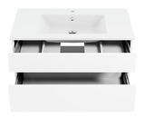 Weiße Badkombination mit Waschbecken und zwei offenen Schubladen, Ansicht von vorne