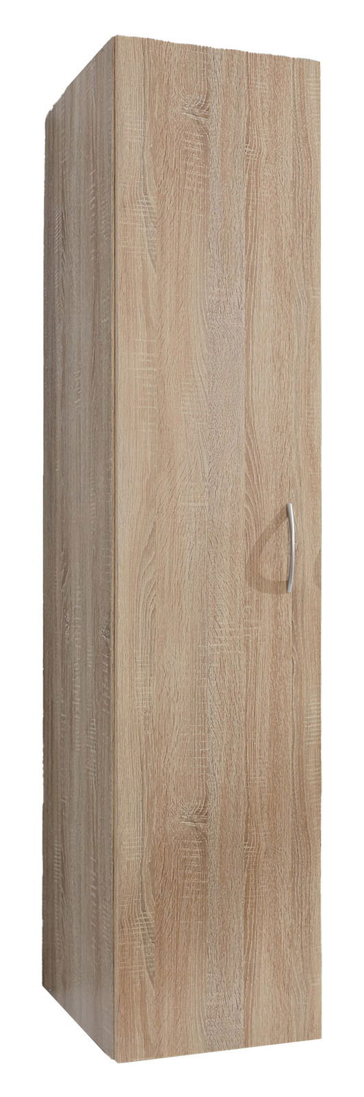 Holzfarbener Kleiderschrank mit einer Tür und silbernem Griff, seitliche Perspektive