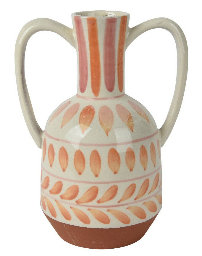 Keramikkrug mit zwei Henkeln, verziert mit orangefarbenen und rosa Mustern, Vorderansicht