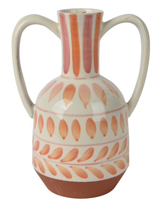 Keramikkrug mit zwei Henkeln, verziert mit orangefarbenen und rosa Mustern, Vorderansicht