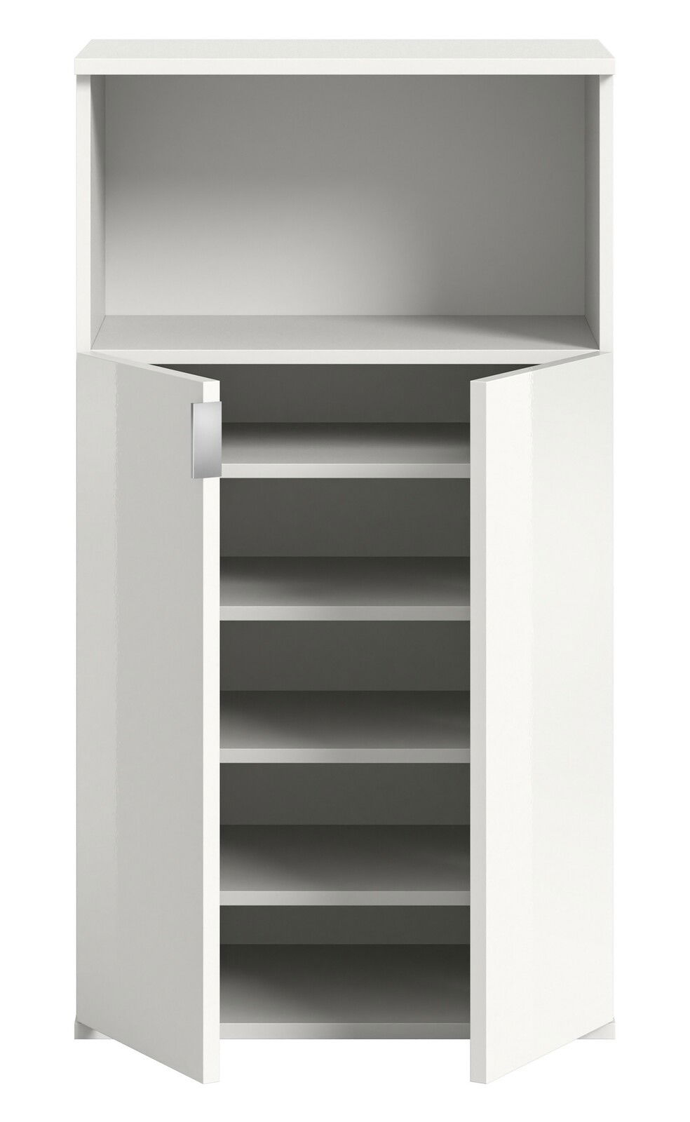 Weiße Schuhkommode mit offenen Türen und mehreren Regalböden, frontale Ansicht