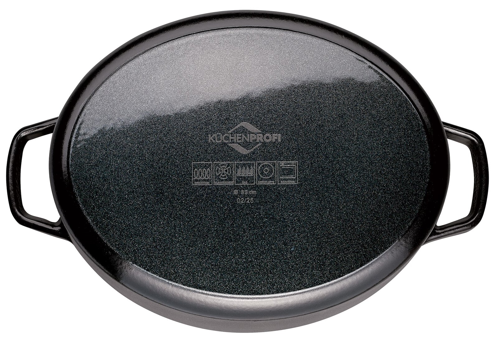 Oberansicht eines ovalen Guss-Bräters mit zwei Griffen, geeignet für verschiedene Herdarten.