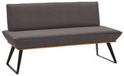 Moderne Bank mit grauem Polster und schwarzem Metallgestell, seitliche Perspektive
