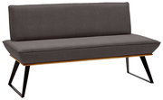 Moderne Bank mit grauem Polster und schwarzem Metallgestell, seitliche Perspektive