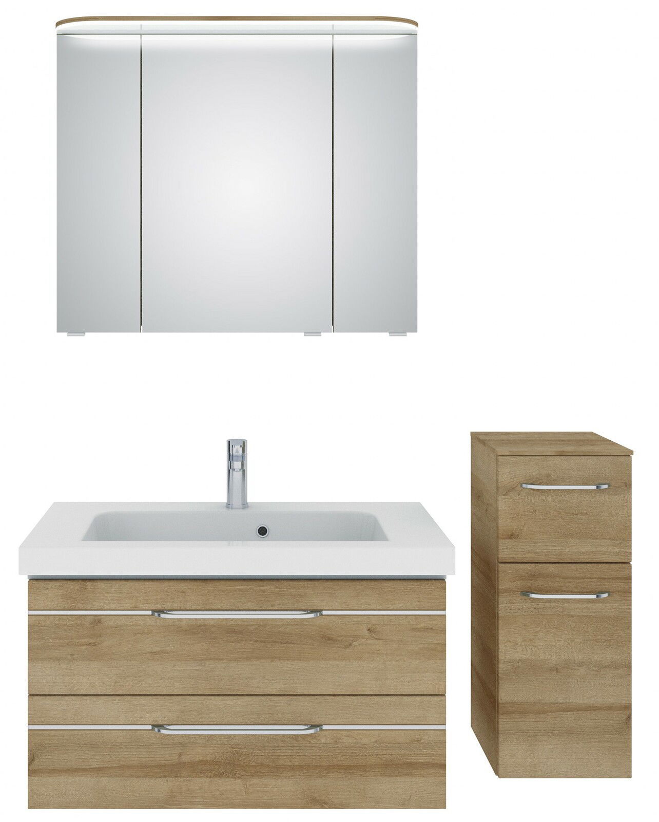 Pelipal Badblok BALTO SPRINT Badezimmermöbel-Set bestehend aus einem Spiegelschrank, einem Waschtisch mit Unterschrank und einem zusätzlichen Schrank, aus Holzoptik mit modernen Griffen, Frontalansicht