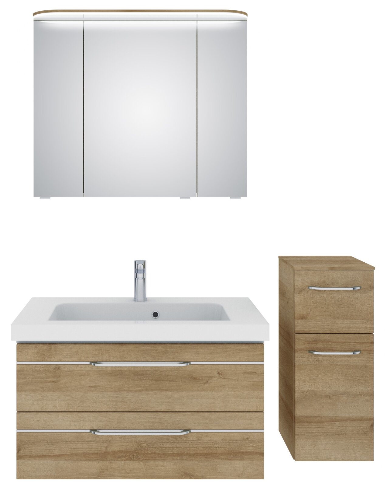 Badezimmermöbel-Set bestehend aus einem Spiegelschrank, einem Waschtisch mit Unterschrank und einem zusätzlichen Schrank, aus Holzoptik mit modernen Griffen, Frontalansicht