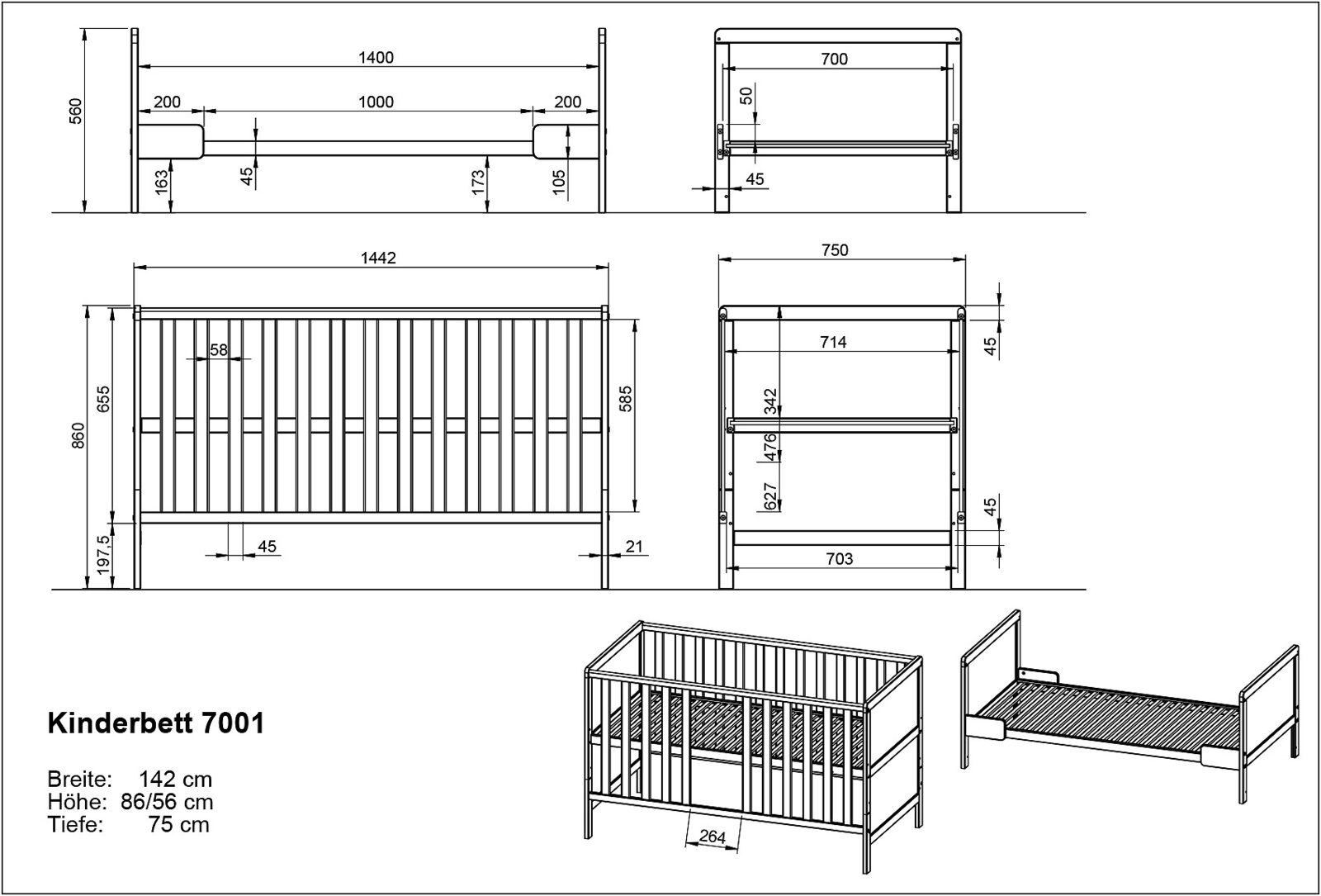 Technische tekening van een kinderbed met de afmetingen: breedte 142 cm, hoogte 86/56 cm, diepte 75 cm. Aanzicht van opzij en van bovenaf.