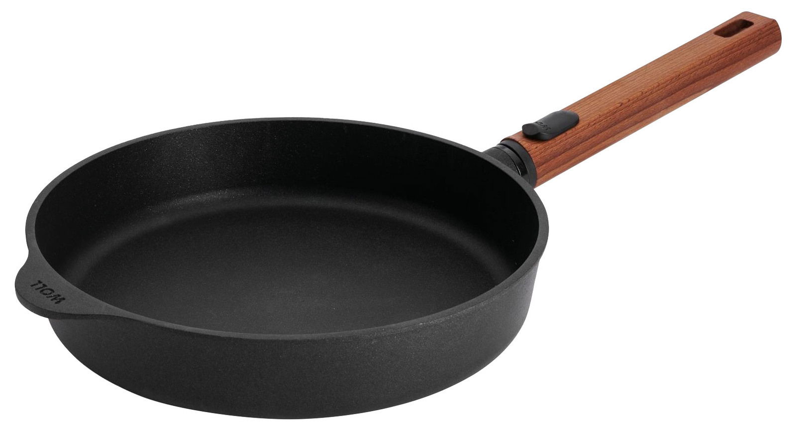 Gusseiserne Flachpfanne mit Holzgriff, seitliche Perspektive