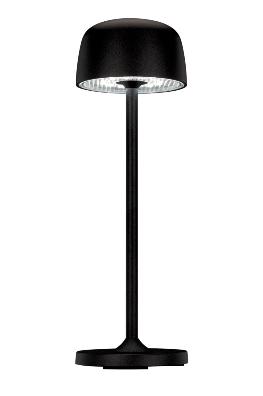 Schwarze Akku-Tischleuchte mit modernem Design, frontal abgebildet.