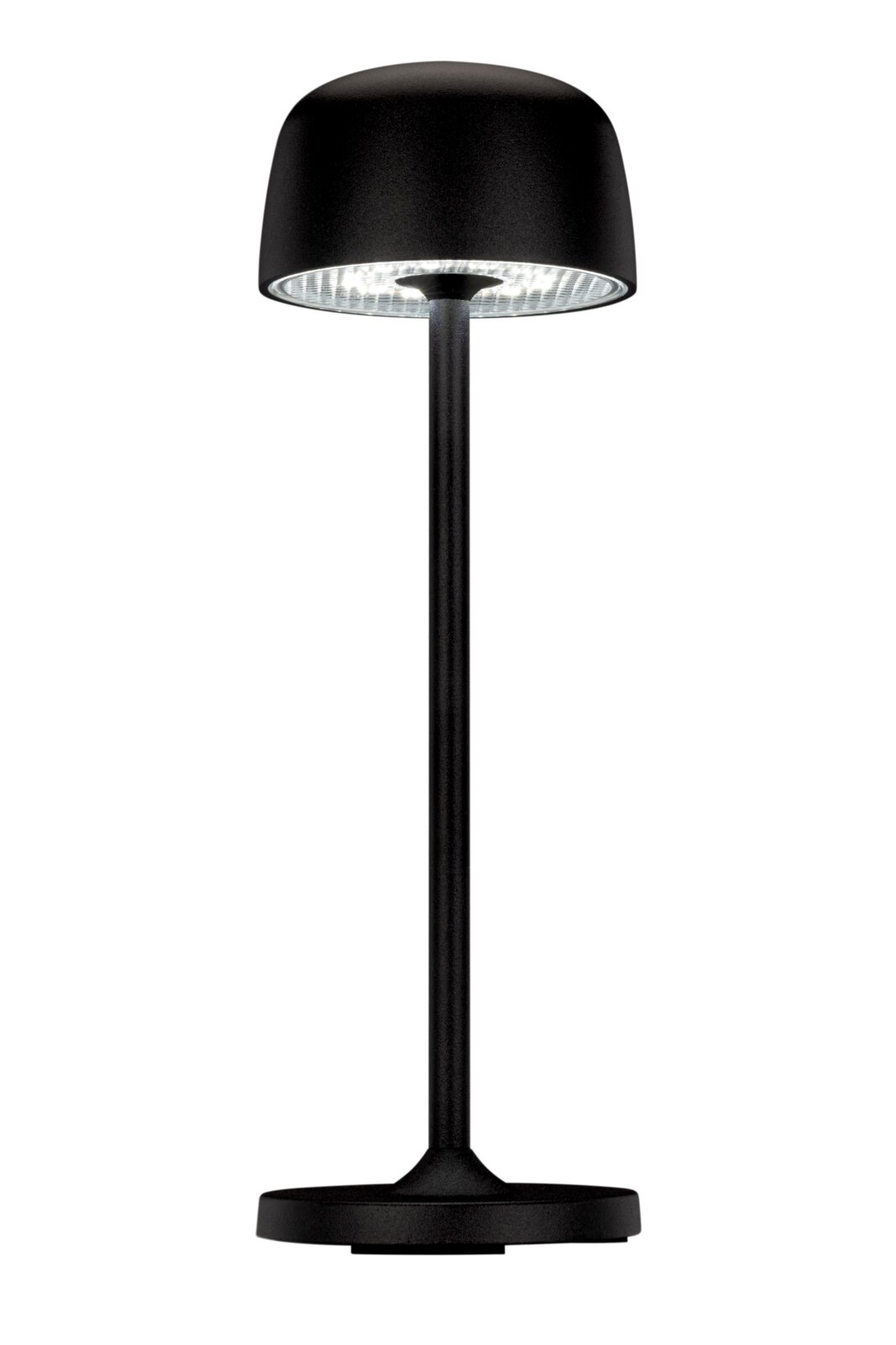 Schwarze Akku-Tischleuchte mit modernem Design, frontal abgebildet.