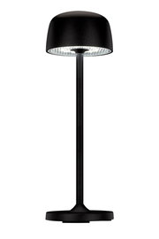Schwarze Akku-Tischleuchte mit modernem Design, frontal abgebildet.