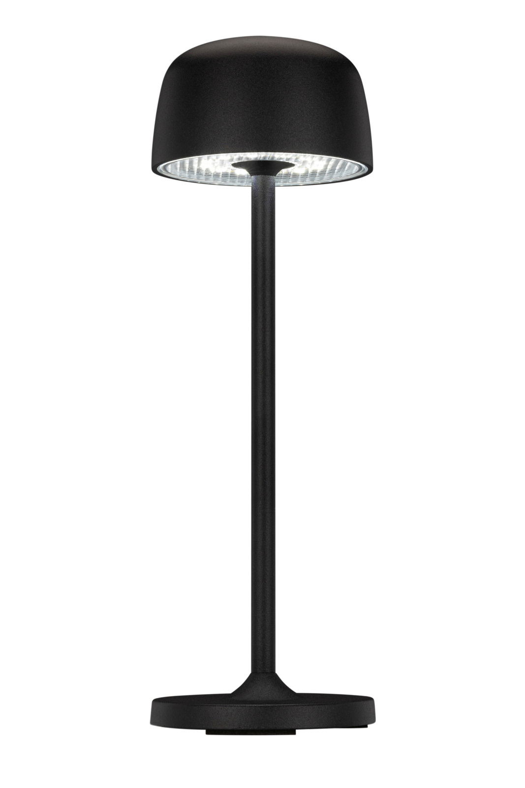 Schwarze Akku-Tischleuchte mit modernem Design, frontal abgebildet.