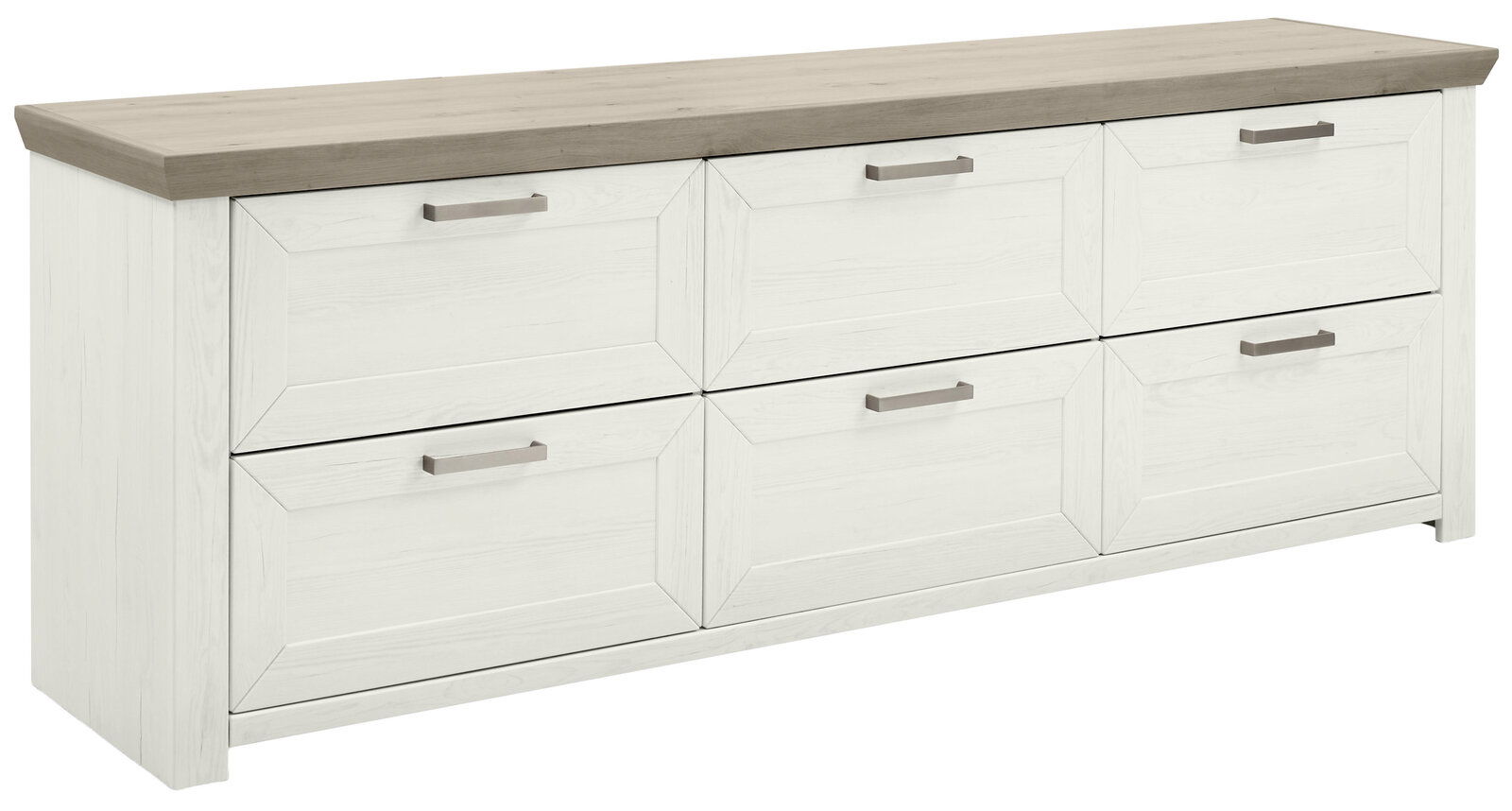 Set one by Musterring Sideboard SET ONE YORK Weißes Sideboard mit sechs Schubladen und grauer Holzplatte, seitliche Perspektive