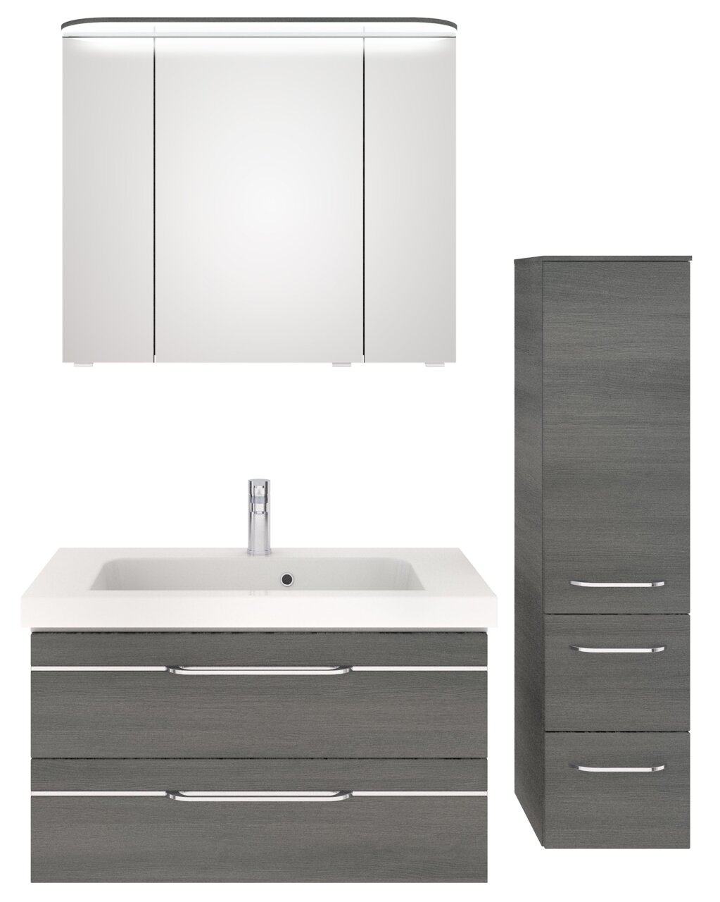 Badezimmermöbel-Set bestehend aus einem Spiegelschrank, einem Waschtisch mit Unterschrank und einem Hochschrank in moderner, grauer Holzoptik, frontal betrachtet.