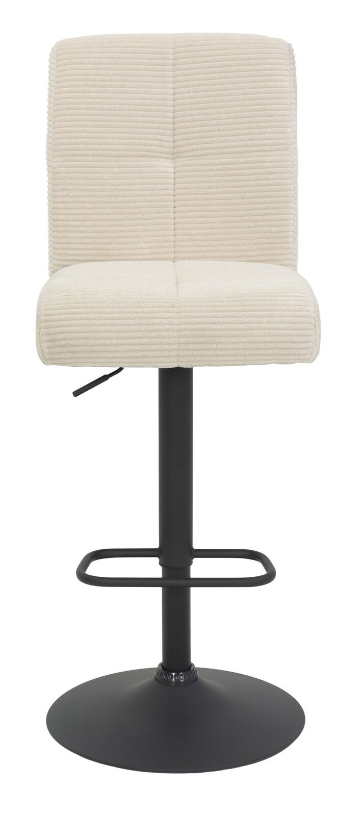 Barhocker mit cremefarbenem, geripptem Polster und schwarzem Metallfuß, Frontalansicht