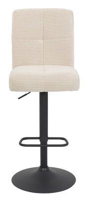 Barhocker mit cremefarbenem, geripptem Polster und schwarzem Metallfuß, Frontalansicht